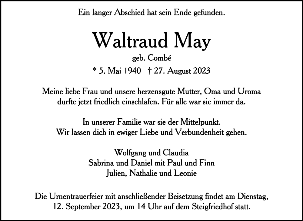  Traueranzeige für Waltraud May vom 09.09.2023 aus Stuttgarter Zeitung / Stuttgarter Nachrichten