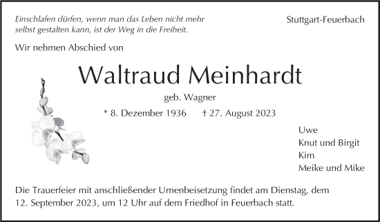 Traueranzeige von Waltraud Meinhardt von Stuttgarter Zeitung / Stuttgarter Nachrichten