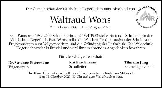 Traueranzeige von Waltraud Wons von Stuttgarter Zeitung / Stuttgarter Nachrichten