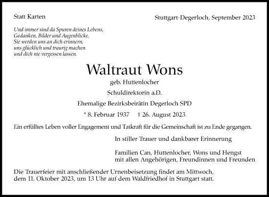Traueranzeige von Waltraut Wons von Stuttgarter Zeitung / Stuttgarter Nachrichten