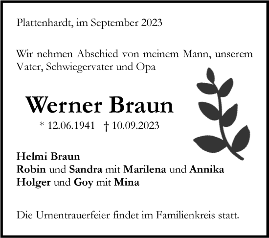 Traueranzeige von Werner Braun von Stuttgarter Zeitung / Stuttgarter Nachrichten