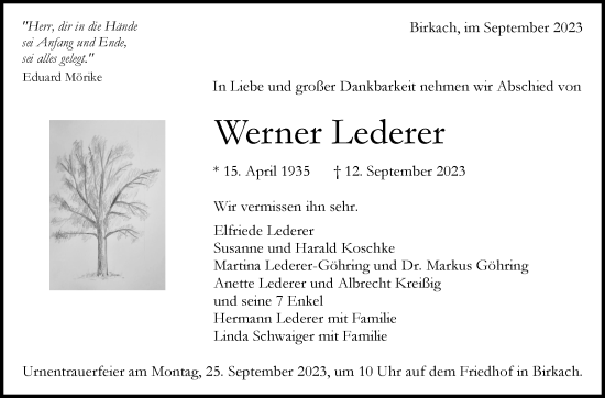 Traueranzeige von Werner Lederer von Stuttgarter Zeitung / Stuttgarter Nachrichten