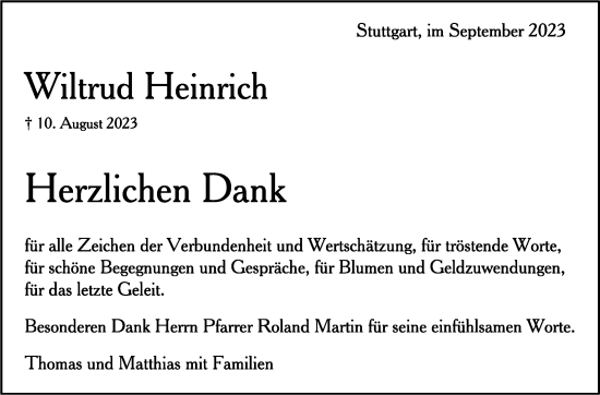 Traueranzeige von Wiltrud Heinrich von Stuttgarter Zeitung / Stuttgarter Nachrichten
