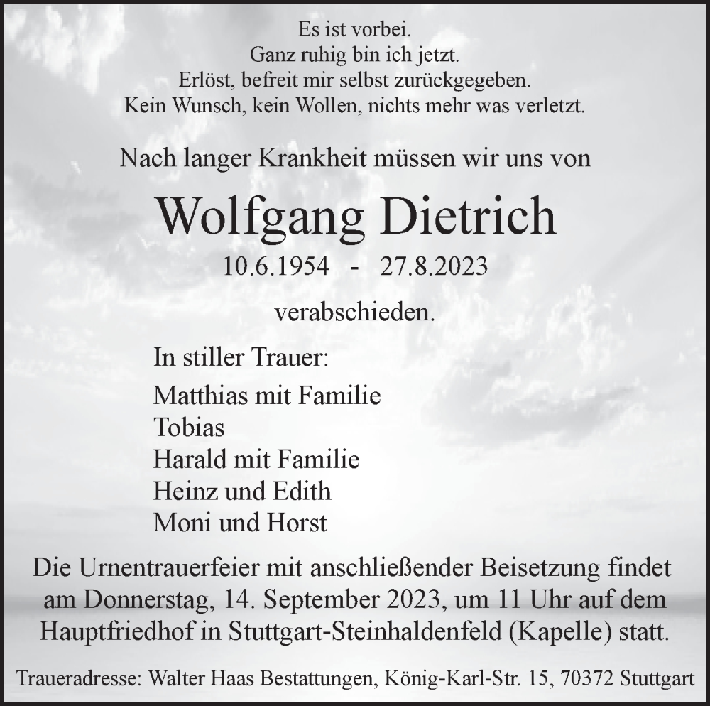  Traueranzeige für Wolfgang Dietrich vom 07.09.2023 aus Stuttgarter Zeitung / Stuttgarter Nachrichten