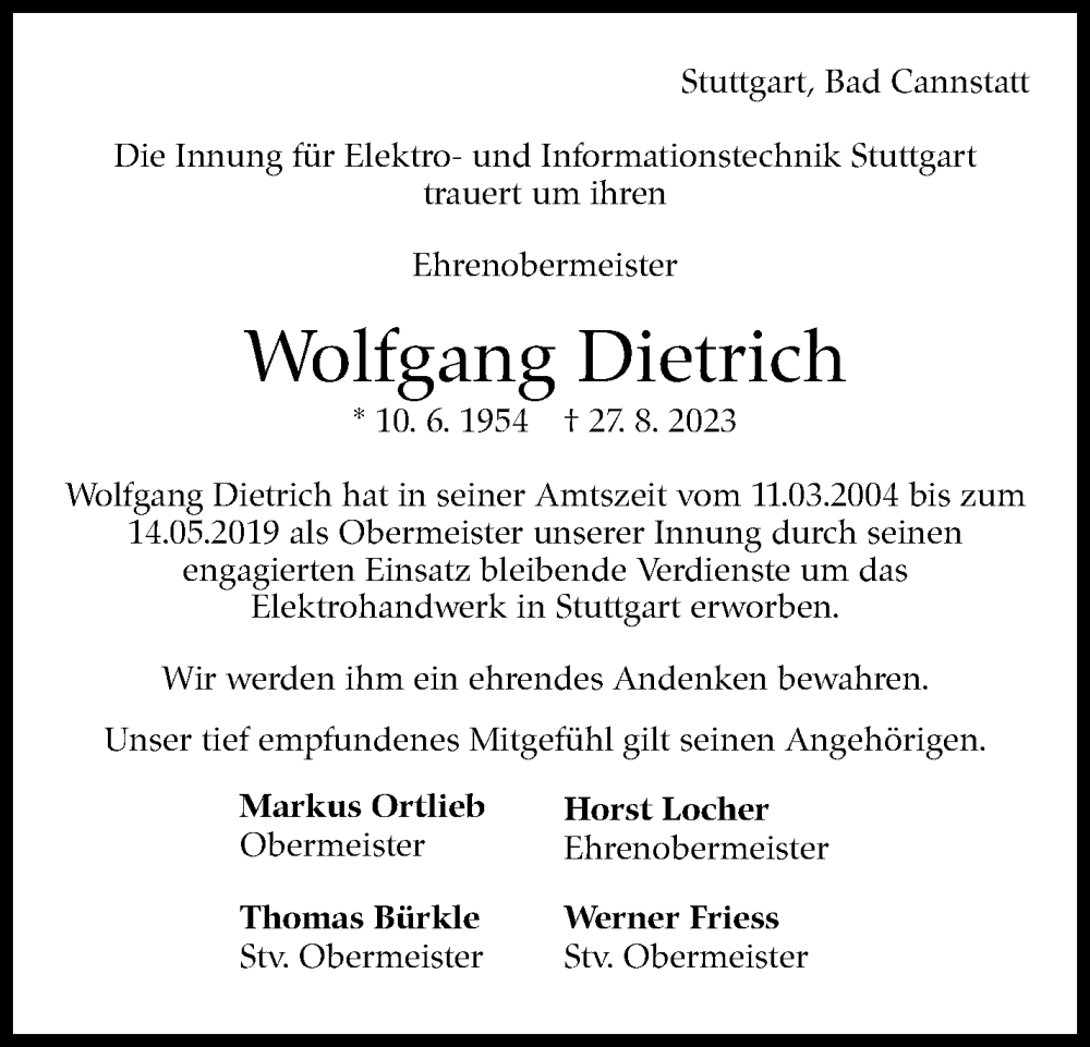  Traueranzeige für Wolfgang Dietrich vom 07.09.2023 aus Stuttgarter Zeitung / Stuttgarter Nachrichten