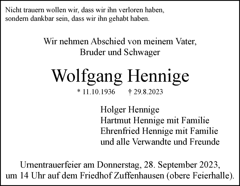  Traueranzeige für Wolfgang Henninge vom 07.09.2023 aus Stuttgarter Zeitung / Stuttgarter Nachrichten