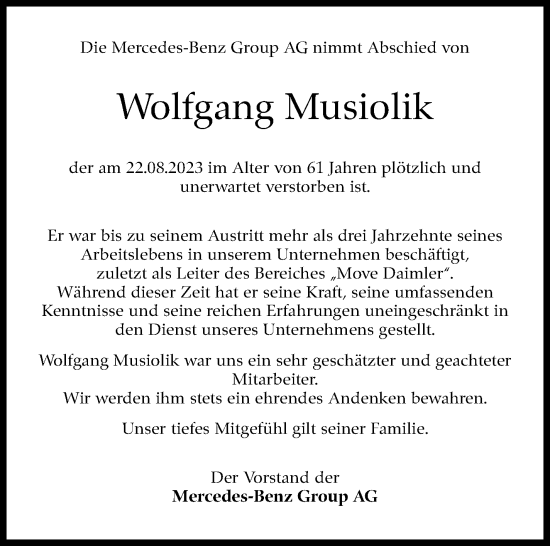Traueranzeige von Wolfgang Musiolik von Stuttgarter Zeitung / Stuttgarter Nachrichten