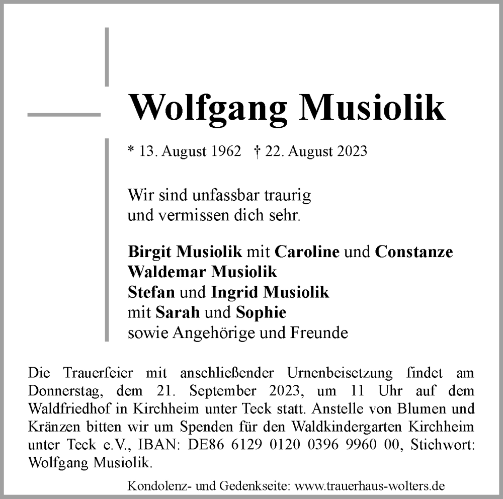  Traueranzeige für Wolfgang Musiolik vom 15.09.2023 aus Stuttgarter Zeitung / Stuttgarter Nachrichten