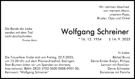 Traueranzeige von Wolfgang Schreiner von Stuttgarter Zeitung / Stuttgarter Nachrichten