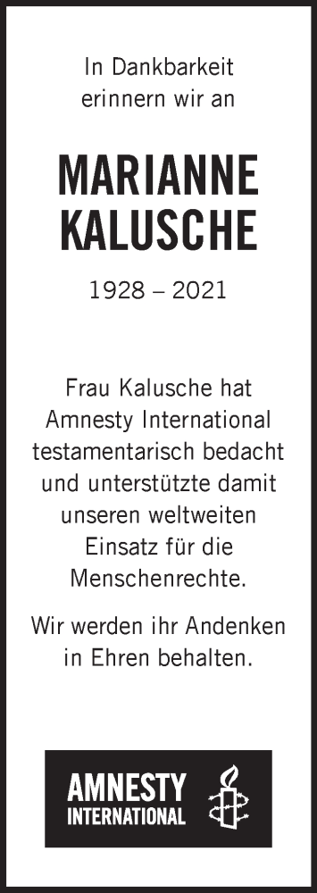 Traueranzeige von Marianne Kalusche von STUTTGARTER ZEITUNG / STUTTGARTER NACHRICHTEN