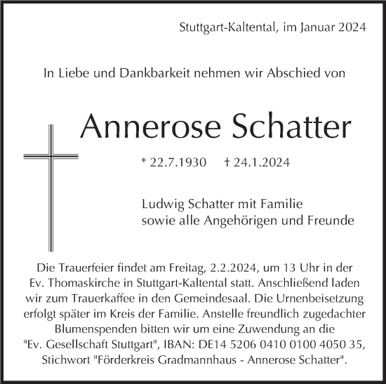 Traueranzeige von Annerose Schatter von Stuttgarter Zeitung / Stuttgarter Nachrichten