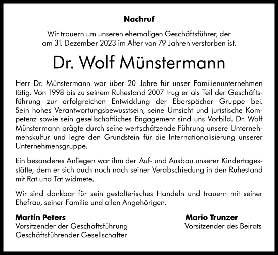 Traueranzeige von Wolf Münstermann von Stuttgarter Zeitung / Stuttgarter Nachrichten