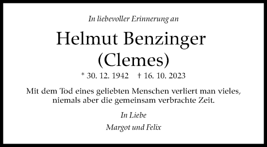 Traueranzeige von Helmut Benzinger von Stuttgarter Zeitung / Stuttgarter Nachrichten