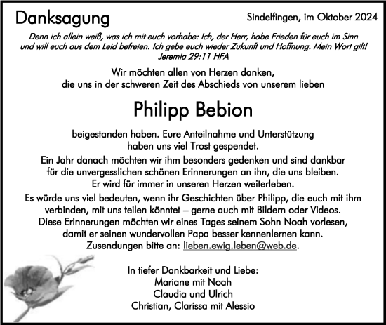 Traueranzeige von Philipp Bebion von Stuttgarter Zeitung / Stuttgarter Nachrichten