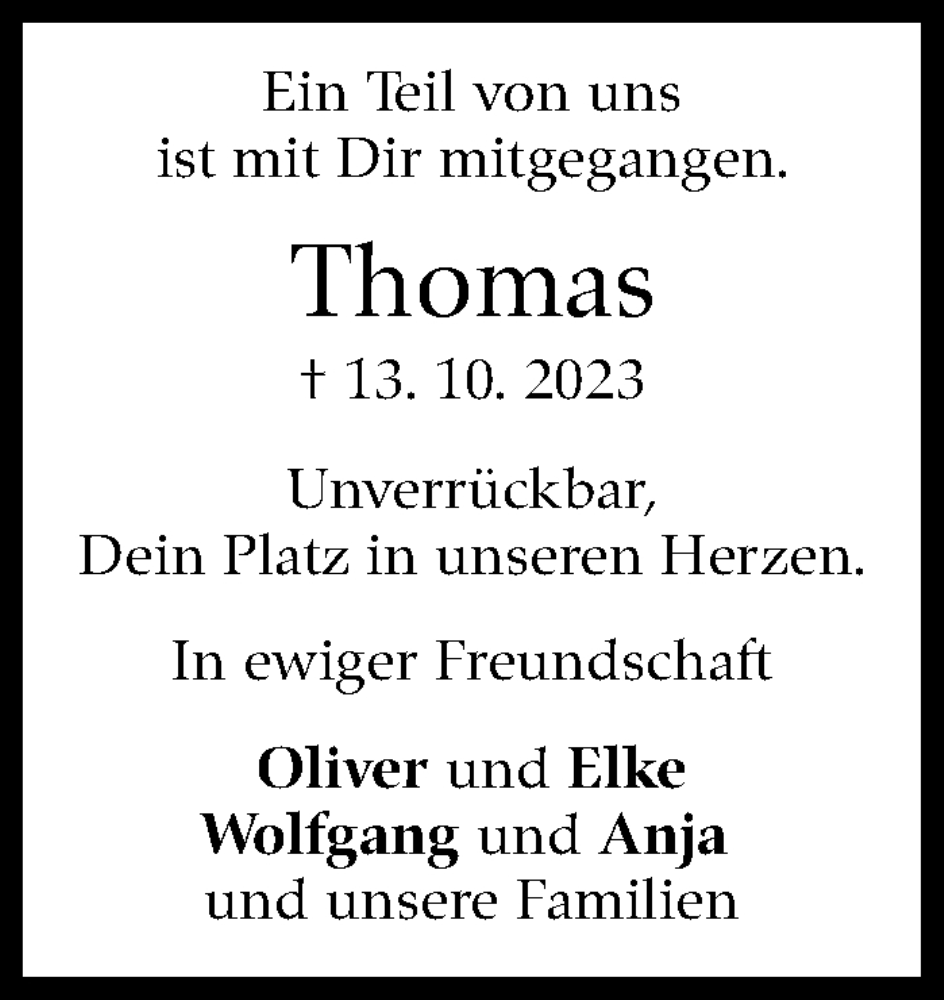  Traueranzeige für Thomas  vom 14.10.2024 aus Stuttgarter Zeitung / Stuttgarter Nachrichten