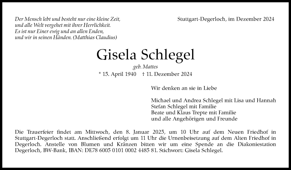  Traueranzeige für Gisela Schlegel vom 21.12.2024 aus Stuttgarter Zeitung / Stuttgarter Nachrichten