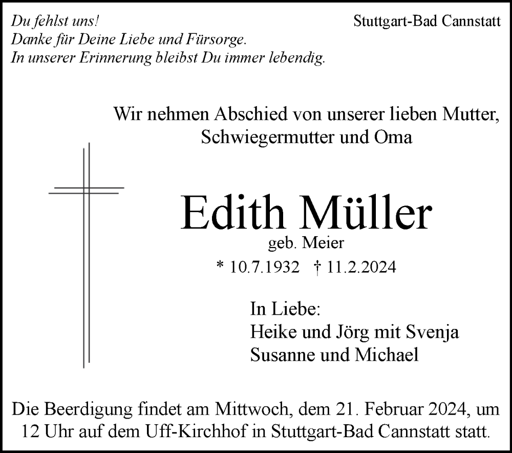  Traueranzeige für Edith Müller vom 17.02.2024 aus STUTTGARTER ZEITUNG / STUTTGARTER NACHRICHTEN