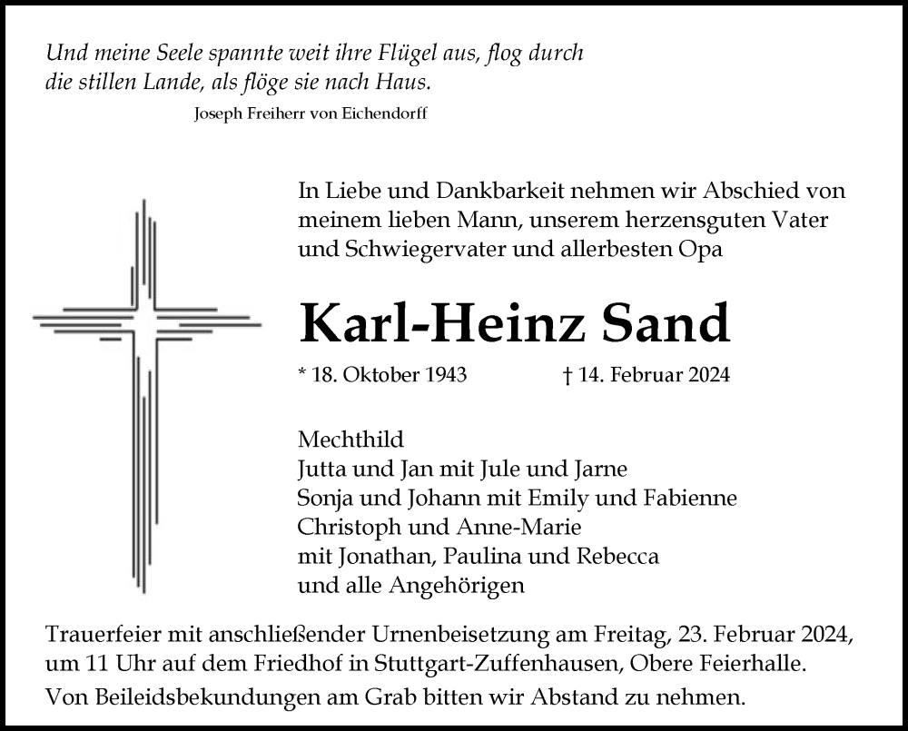  Traueranzeige für Karl-Heinz Sand vom 22.02.2024 aus STUTTGARTER ZEITUNG / STUTTGARTER NACHRICHTEN