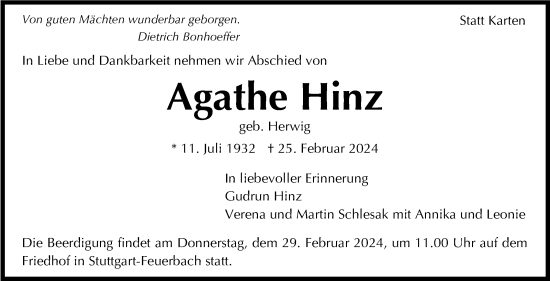 Traueranzeige von Agathe Hinz von Stuttgarter Zeitung / Stuttgarter Nachrichten
