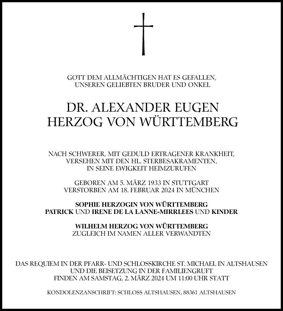  Traueranzeige für Alexander Eugen  Herzog von Württemberg vom 28.02.2024 aus Stuttgarter Zeitung / Stuttgarter Nachrichten