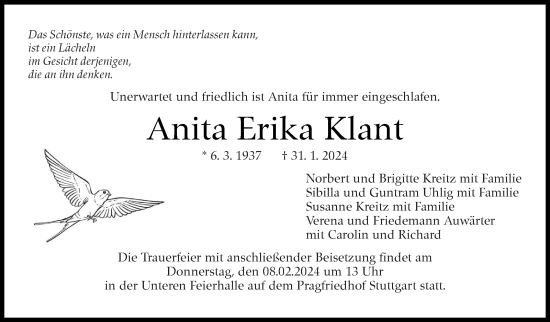 Traueranzeige von Anita Erika Klant von Stuttgarter Zeitung / Stuttgarter Nachrichten