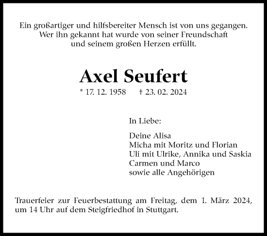 Traueranzeige von Axel Seufert von Stuttgarter Zeitung / Stuttgarter Nachrichten