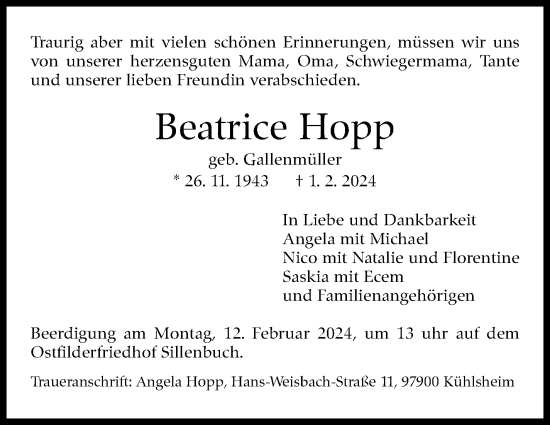 Traueranzeige von Beatrice Hopp von Stuttgarter Zeitung / Stuttgarter Nachrichten