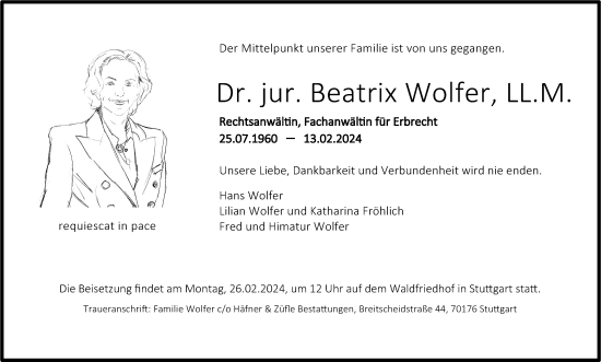 Traueranzeige von Beatrix Wolfer von Stuttgarter Zeitung / Stuttgarter Nachrichten