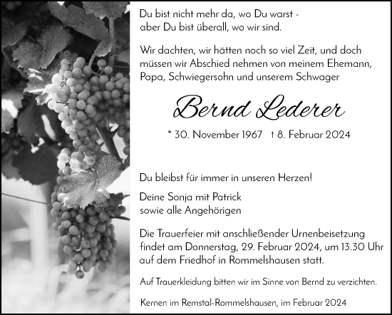 Traueranzeige von Bernd Lederer von Stuttgarter Zeitung / Stuttgarter Nachrichten