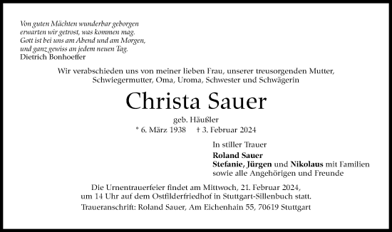 Traueranzeige von Christa Sauer von Stuttgarter Zeitung / Stuttgarter Nachrichten