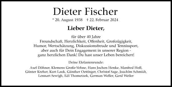 Traueranzeige von Dieter Fischer von Stuttgarter Zeitung / Stuttgarter Nachrichten