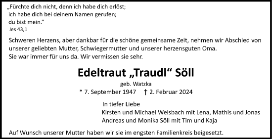 Traueranzeige von Edeltraut Söll von Stuttgarter Zeitung / Stuttgarter Nachrichten