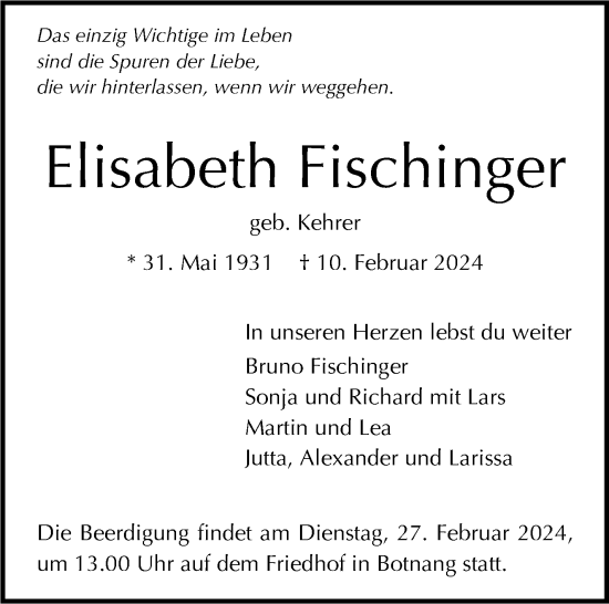 Traueranzeige von Elisabeth Fischinger von Stuttgarter Zeitung / Stuttgarter Nachrichten