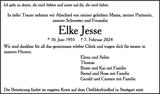 Traueranzeige von Elke Jesse von Stuttgarter Zeitung / Stuttgarter Nachrichten