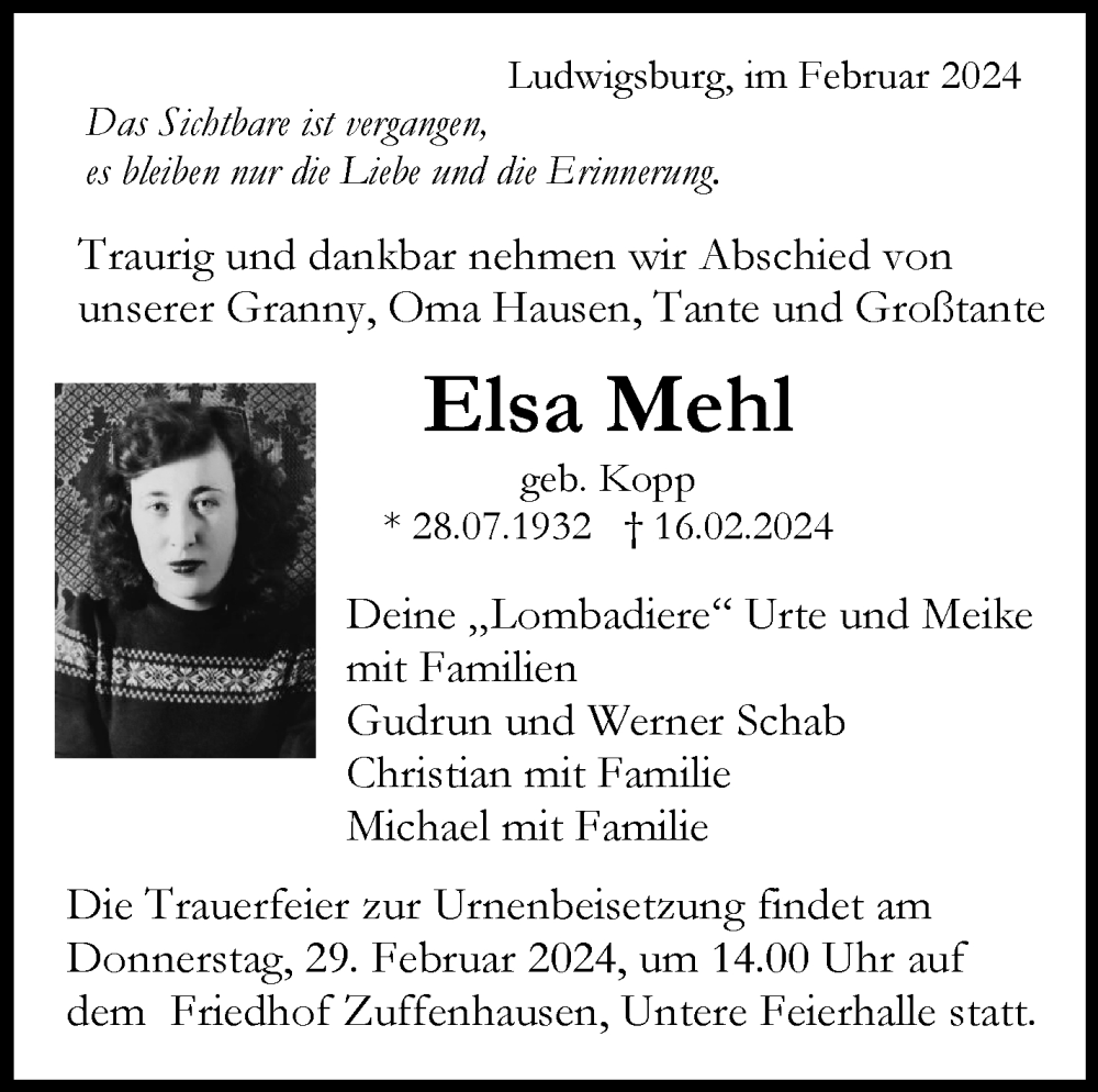  Traueranzeige für Elsa Mehl vom 26.02.2024 aus Stuttgarter Zeitung / Stuttgarter Nachrichten