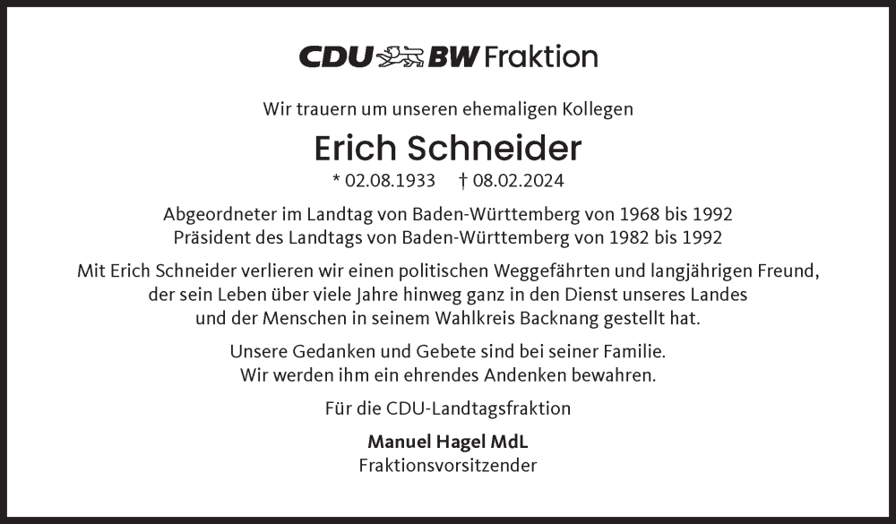  Traueranzeige für Erich Schneider vom 16.02.2024 aus Stuttgarter Zeitung / Stuttgarter Nachrichten