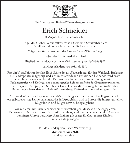 Traueranzeige von Erich Schneider von Stuttgarter Zeitung / Stuttgarter Nachrichten