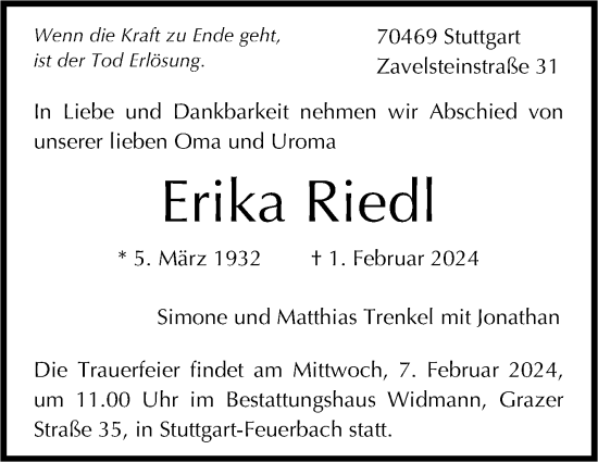 Traueranzeige von Erika Riedl von Stuttgarter Zeitung / Stuttgarter Nachrichten