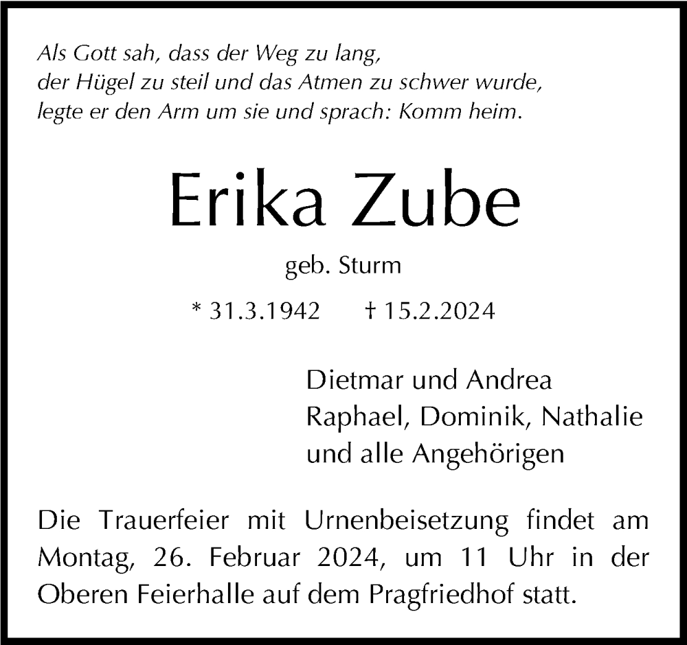  Traueranzeige für Erika Zube vom 20.02.2024 aus Stuttgarter Zeitung / Stuttgarter Nachrichten