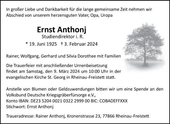 Traueranzeige von Ernst Anthonj von Stuttgarter Zeitung / Stuttgarter Nachrichten