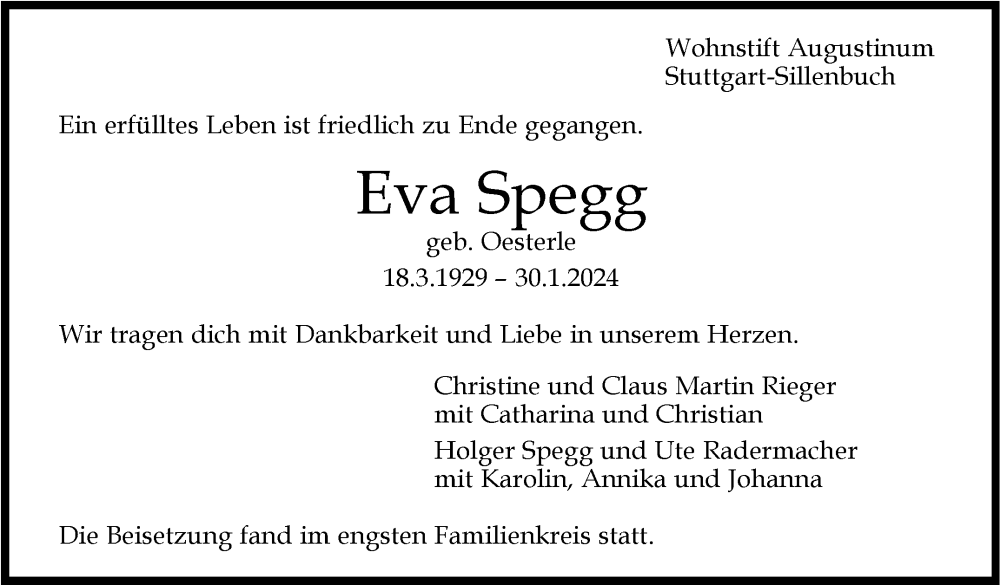  Traueranzeige für Eva Spegg vom 17.02.2024 aus Stuttgarter Zeitung / Stuttgarter Nachrichten