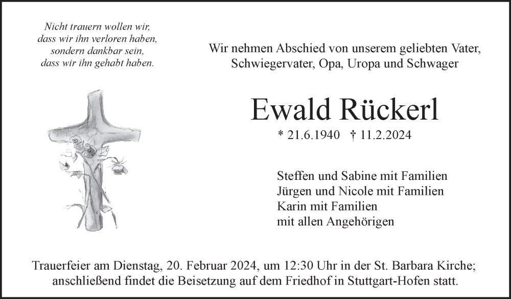  Traueranzeige für Ewald Rückerl vom 15.02.2024 aus Stuttgarter Zeitung / Stuttgarter Nachrichten