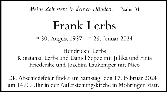 Traueranzeige von Frank Lerbs von Stuttgarter Zeitung / Stuttgarter Nachrichten
