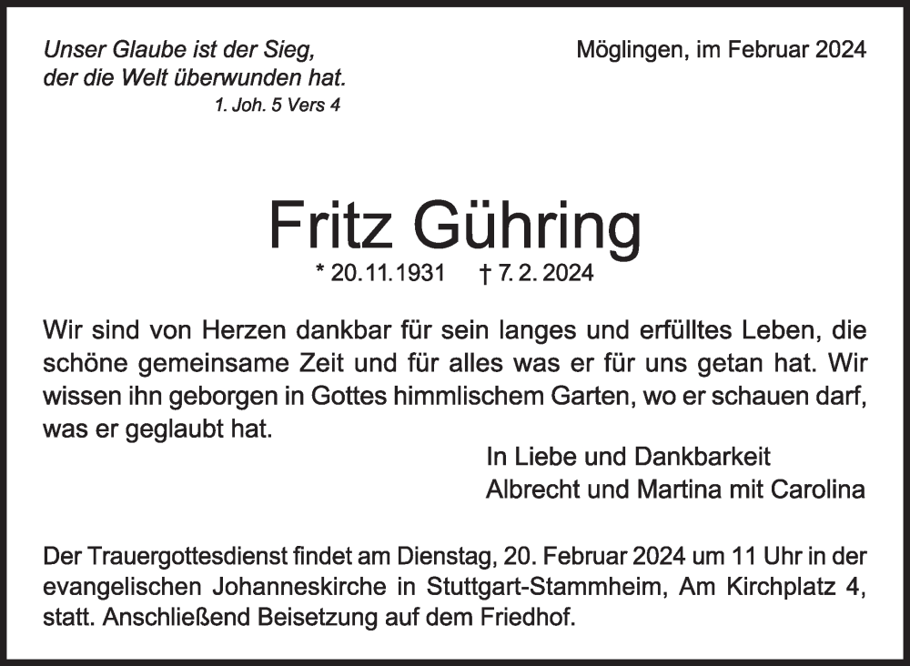  Traueranzeige für Fritz Gühring vom 15.02.2024 aus Stuttgarter Zeitung / Stuttgarter Nachrichten