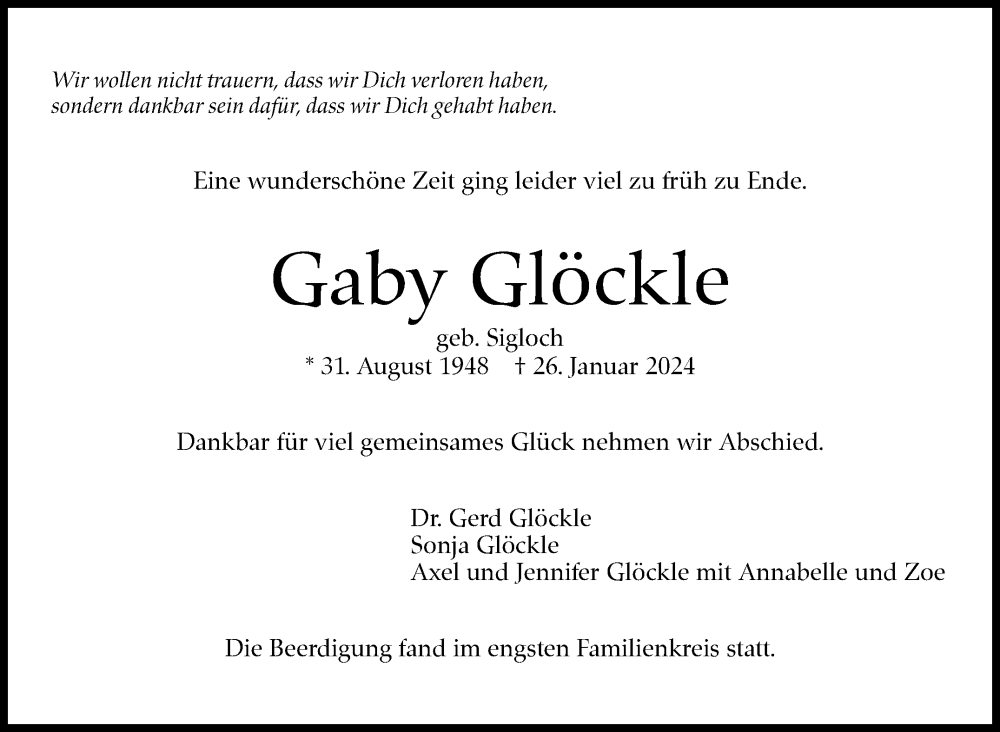  Traueranzeige für Gaby Glöckle vom 03.02.2024 aus Stuttgarter Zeitung / Stuttgarter Nachrichten