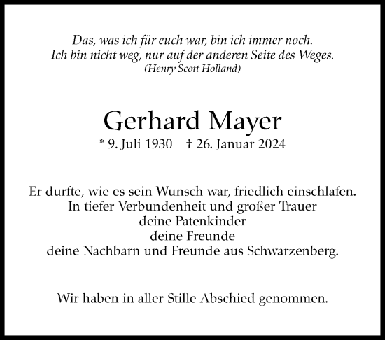 Traueranzeige von Gerhard Mayer von Stuttgarter Zeitung / Stuttgarter Nachrichten