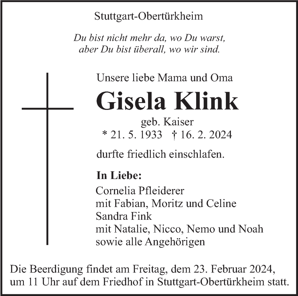  Traueranzeige für Gisela Klink vom 21.02.2024 aus Stuttgarter Zeitung / Stuttgarter Nachrichten