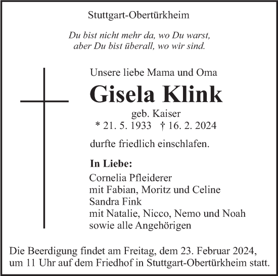 Traueranzeige von Gisela Klink von Stuttgarter Zeitung / Stuttgarter Nachrichten
