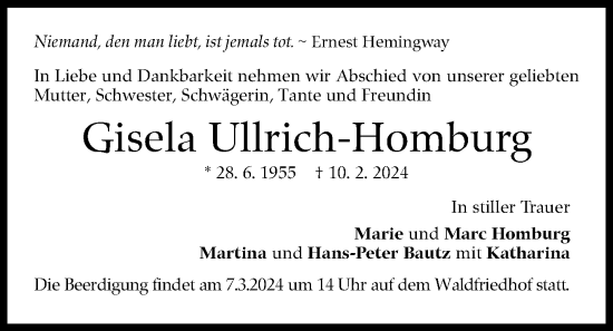 Traueranzeige von Gisela Ullrich-Homburg von Stuttgarter Zeitung / Stuttgarter Nachrichten