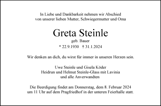 Traueranzeige von Greta Steinle von Stuttgarter Zeitung / Stuttgarter Nachrichten